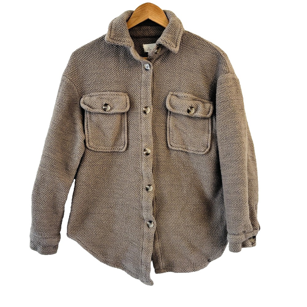 Anthropologie Womens Oversized Shirt Jacket Size XS Beige‎ Preppy Shacket